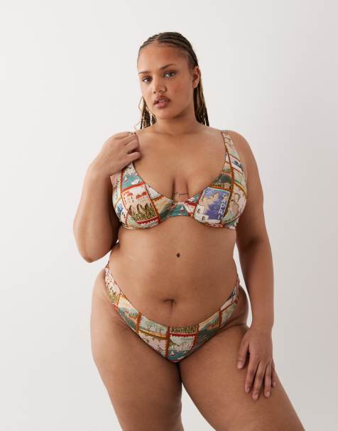 ASOS DESIGN Curve – Posey Ibiza – Vykortsmönstrad bikiniunderdel i cheeky-modell med hög benskärning - view 1