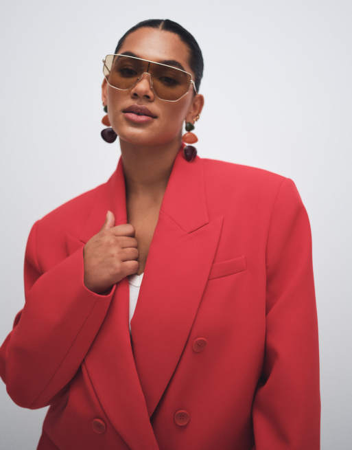ASOS DESIGN Curve power shoulder double breasted blazer in red, 4 of 8