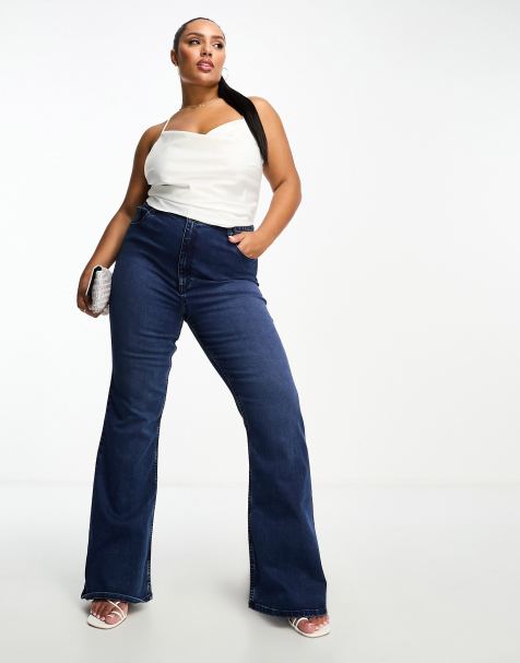  Plus Size Jeans, High Waisted Flare Ripped Stretch Jeans 70s  Outfits, Size 12 Wide Leg Pants For Women Color Dark Blue Size 14