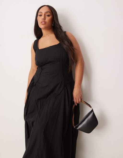 ASOS DESIGN Curve prairie square neck maxi dress with dropped waist in black