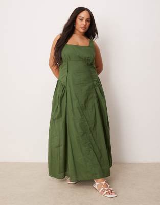 ASOS Curve ASOS DESIGN Curve prairie square neck maxi sundress with dropped waist in forest green