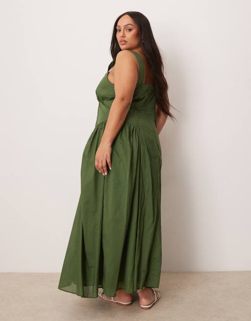 ASOS DESIGN Curve prairie square neck maxi sundress with dropped waist in forest green, 3 of 4