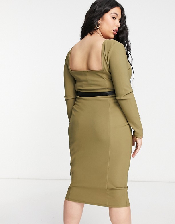  Najlepiej Sprzedający Się ASOS DESIGN Curve – Prążkowana sukienka midi z dekoltem karo i owijanym paskiem w kolorze khaki Khaki