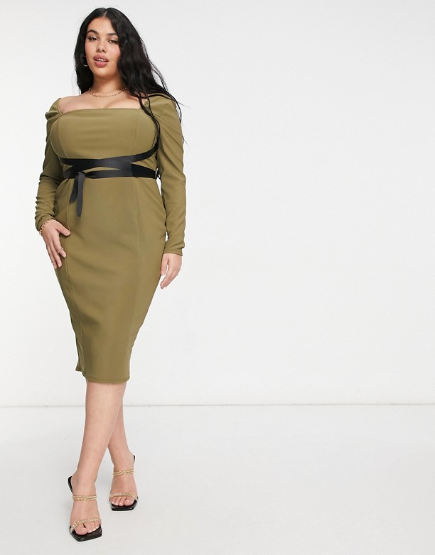  Najlepiej Sprzedający Się ASOS DESIGN Curve – Prążkowana sukienka midi z dekoltem karo i owijanym paskiem w kolorze khaki Khaki