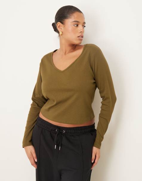 ASOS DESIGN Curve – Prążkowany top w kolorze khaki z dekoltem w kształcie litery V i długimi rękawami - view 1