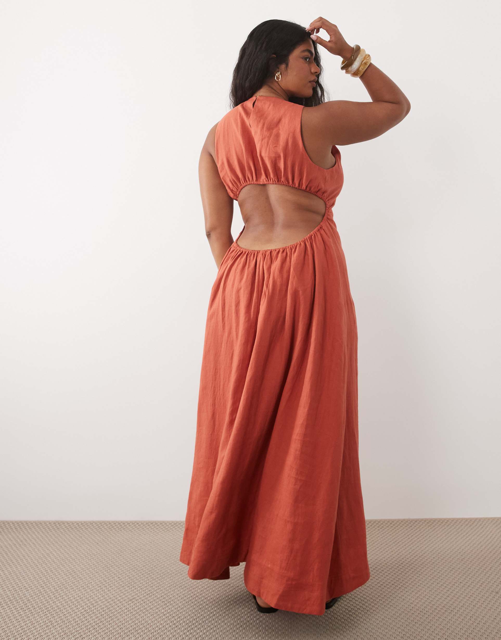 asos design curve premium 100% linen waisted maxi dress with open back in terracotta