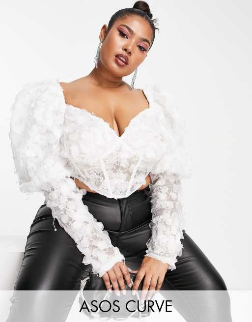 ASOS DESIGN Curve premium 3D lace puff sleeve corset top in white