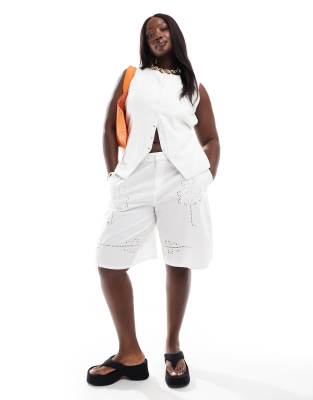 ASOS DESIGN Curve premium Bermuda shorts with cutwork broderie in white