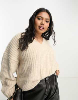 ASOS DESIGN Curve premium chunky v neck oversized jumper in fluffy yarn in stone