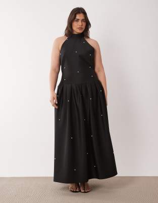 Asos Curve Asos Design Curve Premium Faux Pearl Embellished Maxi Dress With Scarf Detail In Black
