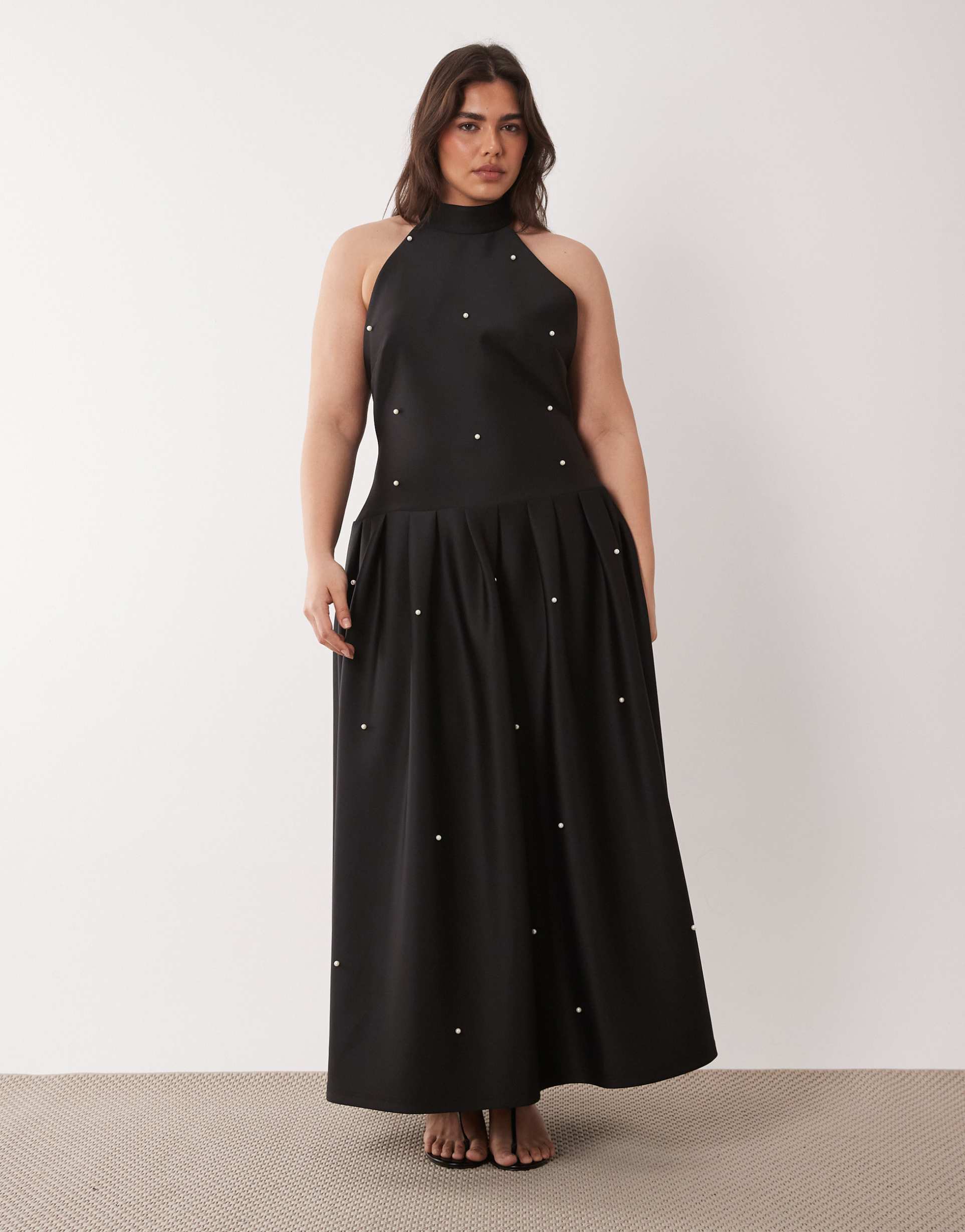 asos design curve premium faux pearl embellished maxi dress with scarf detail in black scuba-style fabric