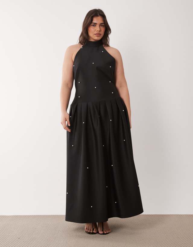 ASOS DESIGN Curve Premium faux pearl embellished maxi dress with scarf detail in black scuba-style fabric