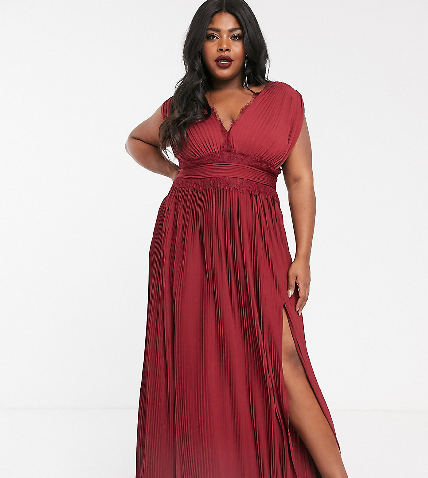 ASOS DESIGN - Curve - Premium geplooide lange jurk met kanten inzetstuk-Rood