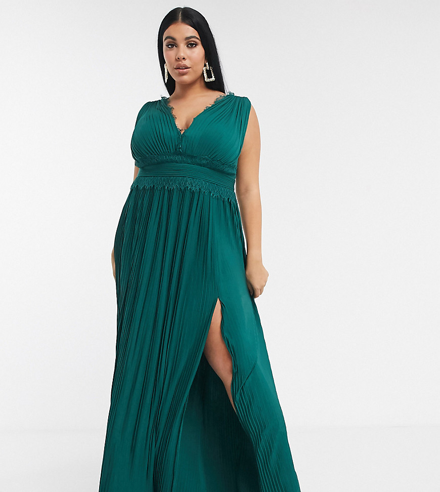 ASOS DESIGN - Curve - Premium geplooide lange jurk met kanten inzetstuk-Groen