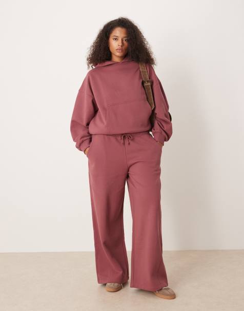 ASOS DESIGN Curve premium heavyweight 500gsm seamed wide leg sweatpants in dark rose - view 1