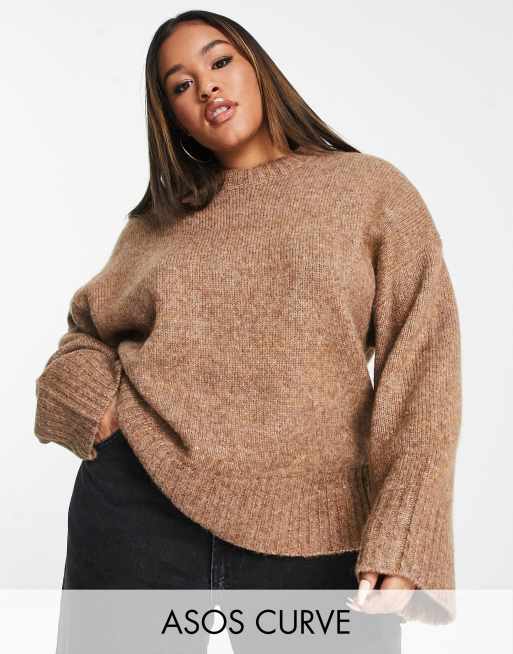 ASOS DESIGN Curve premium jumper with crew neck in wool blend yarn in brown