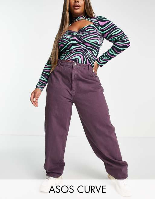 ASOS DESIGN Curve – Premium – Lila mom jeans i bomullsmix med extra ledig passform – PURPLE