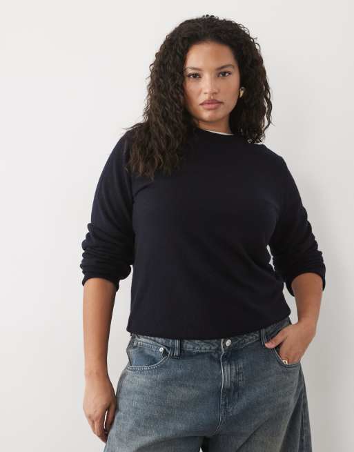 ASOS DESIGN Curve premium maglione girocollo in 100% lana merino blu navy, 3 di 4