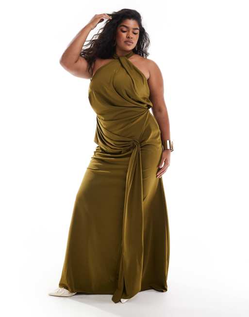 ASOS DESIGN Curve - Premium maxi-jurk met halternek en gerimpelde sjerp in donkergroen