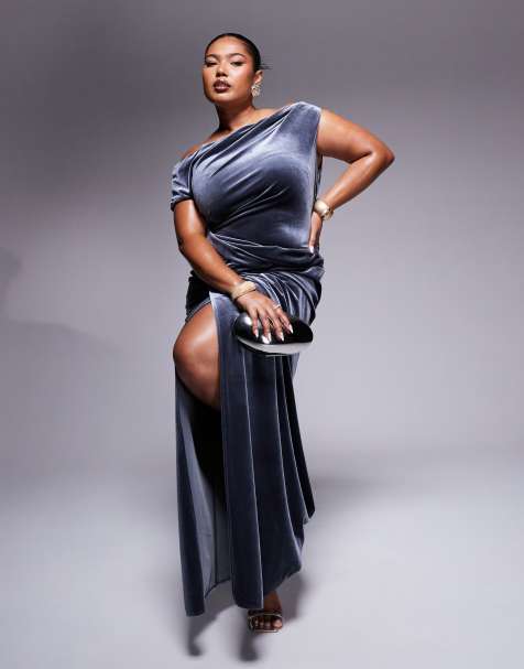 ASOS DESIGN Curve - Premium - Maxi-jurk van fluweel met asymmetrische schouder en zijsplit in antracietgrijs - view 1