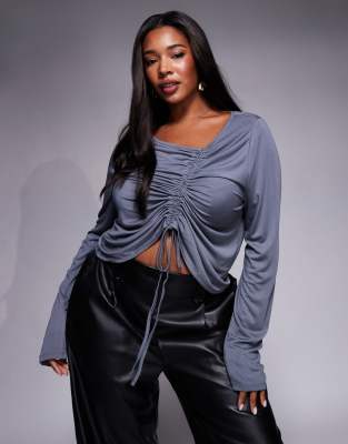 Asos Curve Asos Design Curve Premium Modal Long Sleeve Top With Front Asymmetric Ruching In Slate Blue