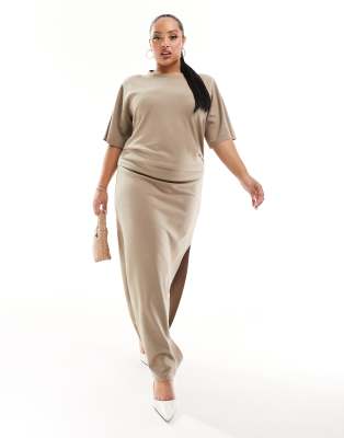 Asos Design Curve Premium Modal Ruched Side T Shirt Maxi Dress With Split Hem In Stone-Black