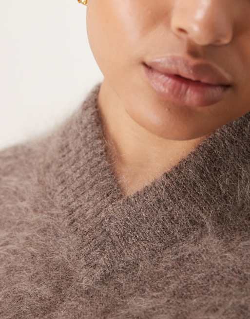 ASOS DESIGN Curve premium mohair wide sleeve jumper with v neck in mocha - BROWN, 4 of 4