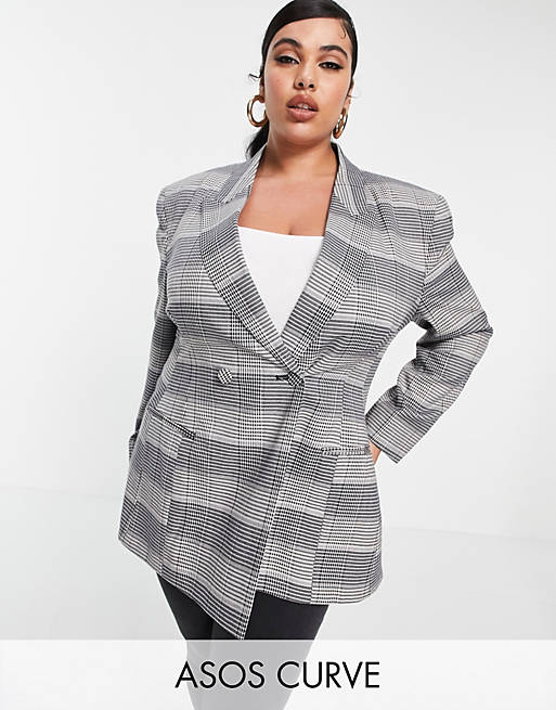 Asos Women Clothing Jackets Blazers ASOS DESIGN Curve premium moulded hip suit blazer in check 