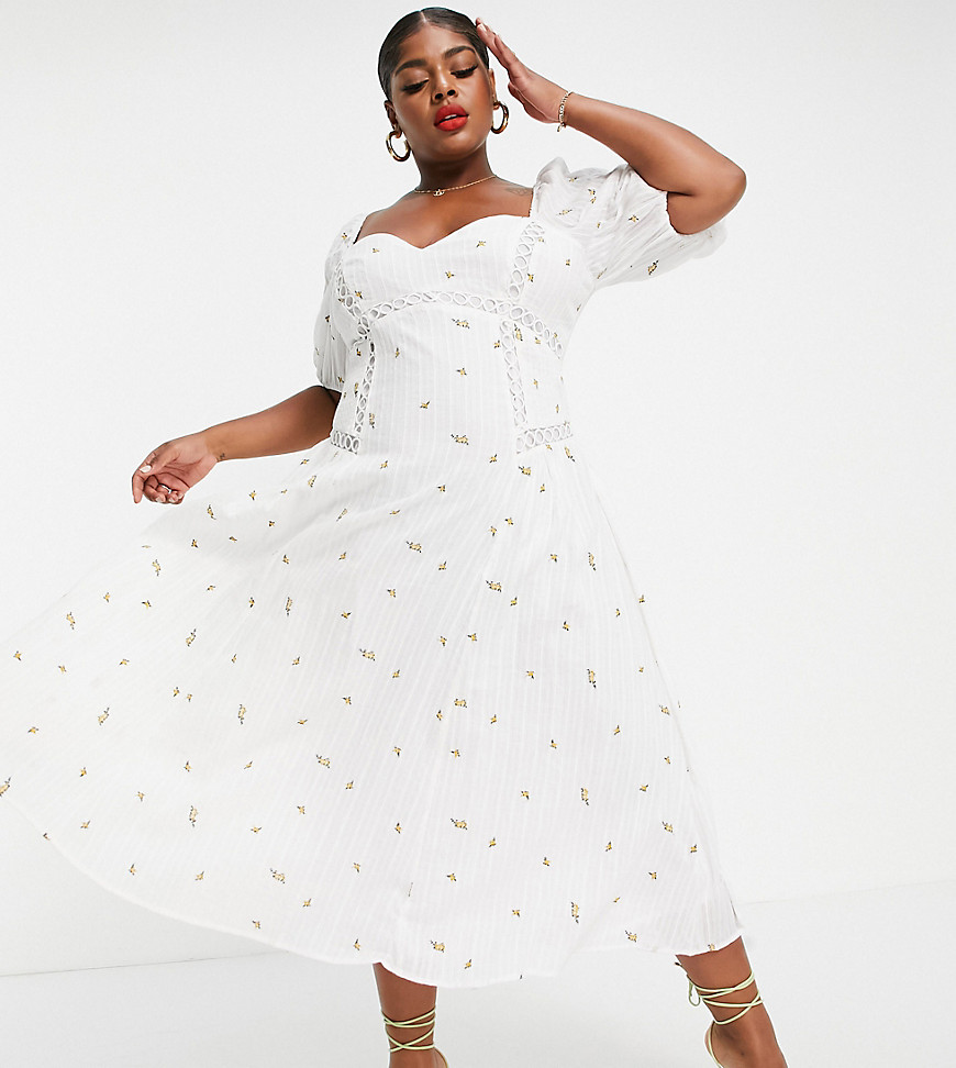 Asos Curve Curve Premium Puff Sleeve Trapeze Midi Dress With Shirred Sides In Ditsy Embroidery In White