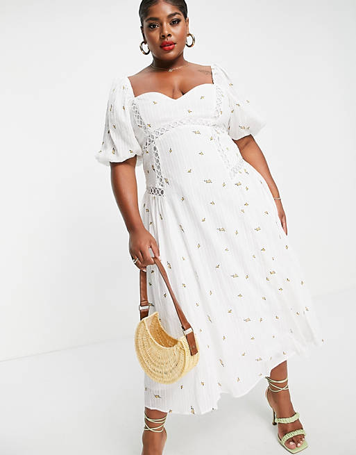 Women Curve Premium puff sleeve trapeze midi dress with shirred sides in ditsy embroidery in white 