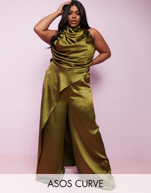 Plus Size Satin High Waisted Wide Leg Pants