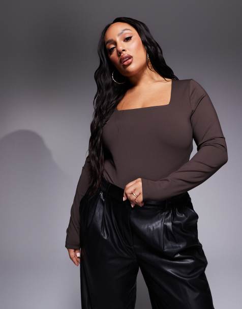 ASOS DESIGN Curve premium sculpting square neck long sleeve bodysuit in chocolate - view 1