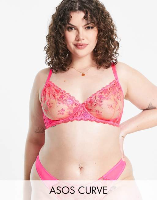 ASOS DESIGN Curve premium shimmer embroidered underwire bra in hot pink