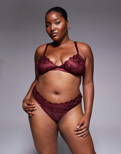 ASOS DESIGN Curve – Premium – Simone – Hochwertiger, klassischer Tanga in Juwelen-Burgunderrot mit feiner Stickerei und Satin-Einfassung