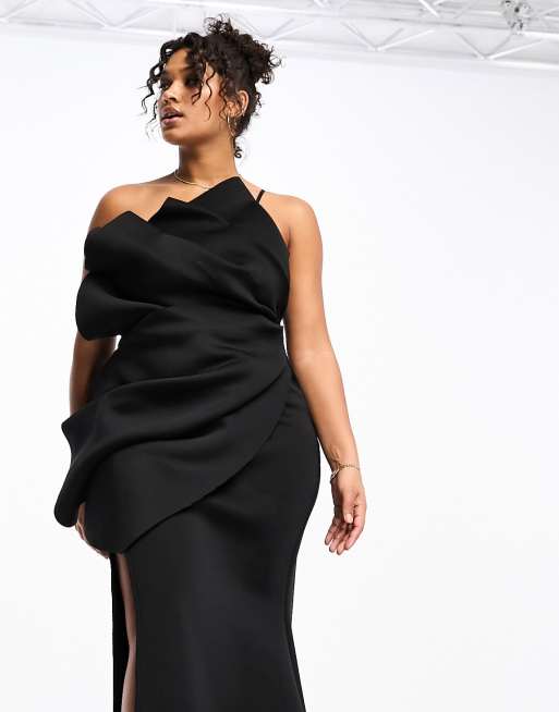 ASOS DESIGN Curve - Premium - Sort bodycon-maxikjole med bandeau-design, viftedetalje og slæb, 4 af 4