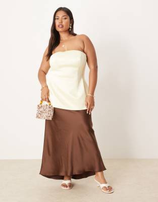 Asos Curve Asos Design Curve Premium Structured Satin Peplum Hem Bandeau Top In Yellow
