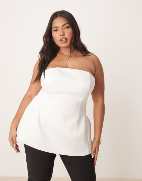 ASOS DESIGN Curve Premium structured satin peplum hem bandeau top in white - view 1