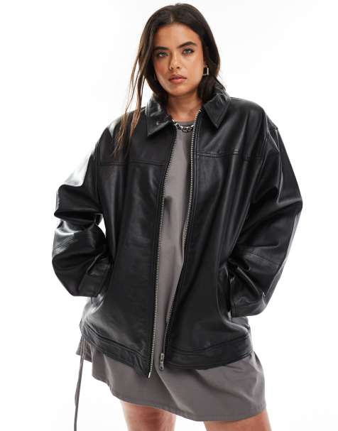 ASOS DESIGN Curve – Premium – Svart läderjacka med krage - view 1
