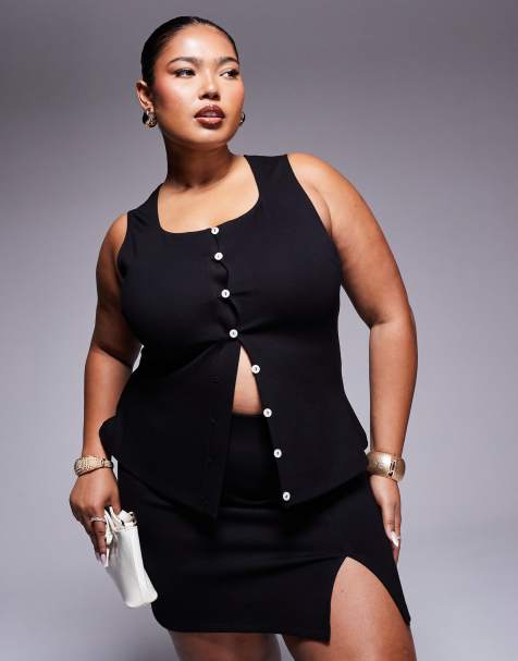 ASOS DESIGN Curve – Premium – Svart, lång kostymväst i ponte - view 1