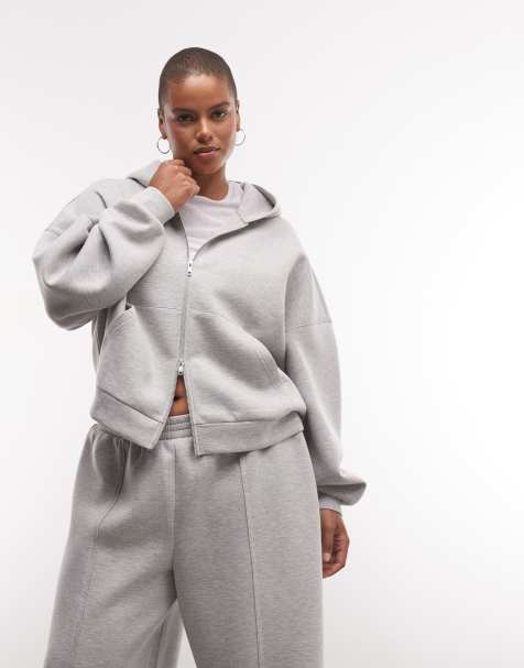 ASOS DESIGN Curve Premium sweat à capuche zippé oversize en gris chiné, en tissu style scuba - view 1