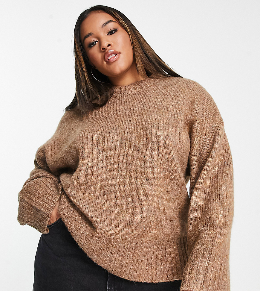 Asos Curve Asos Design Curve Premium Sweater With Crew Neck In Wool Blend Yarn In Brown