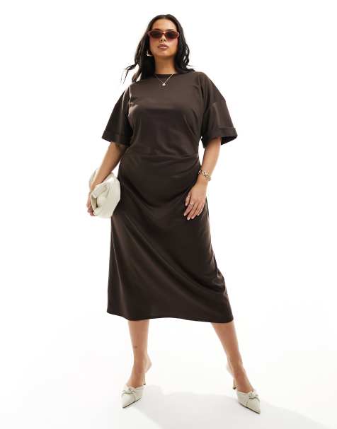 Plus Black Puff Sleeve Ruched Split Midi Dress