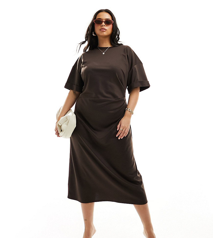 Asos Curve Asos Design Curve Premium T-shirt Midi Dress With Roll Sleeve And Tuck Side Detail In Chocolate-brow In Brown