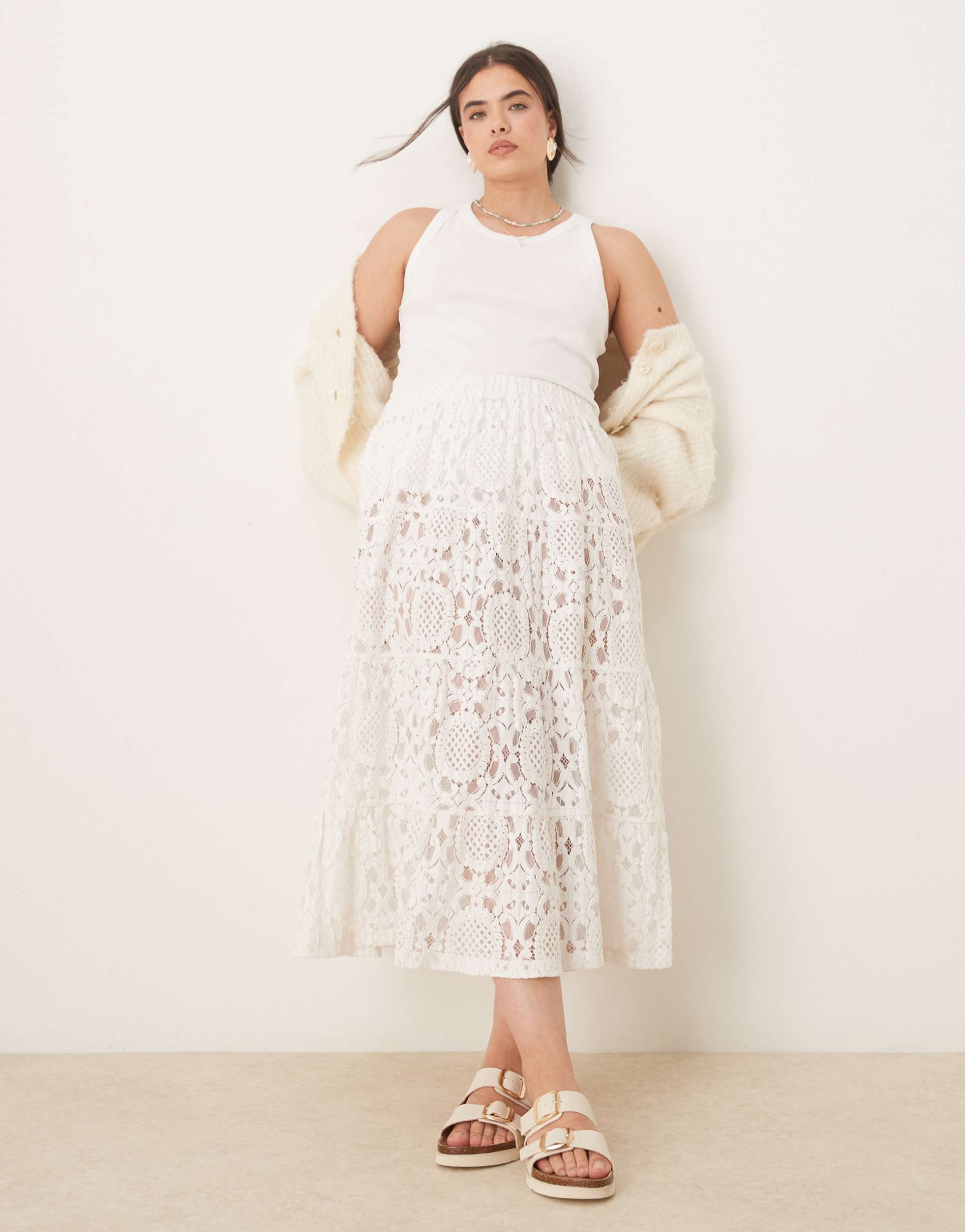 asos design curve premium textured lace sheer maxi skirt in white