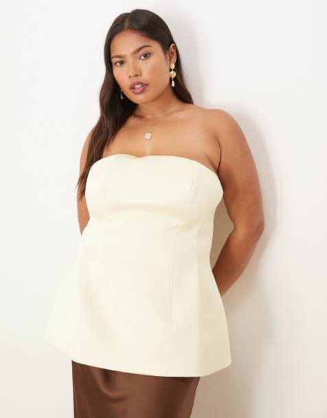 ASOS DESIGN Curve Premium - Top a fascia strutturato in raso color latticello con fondo a peplo - view 1