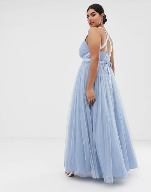 tulle maxi prom dress with ribbon ties