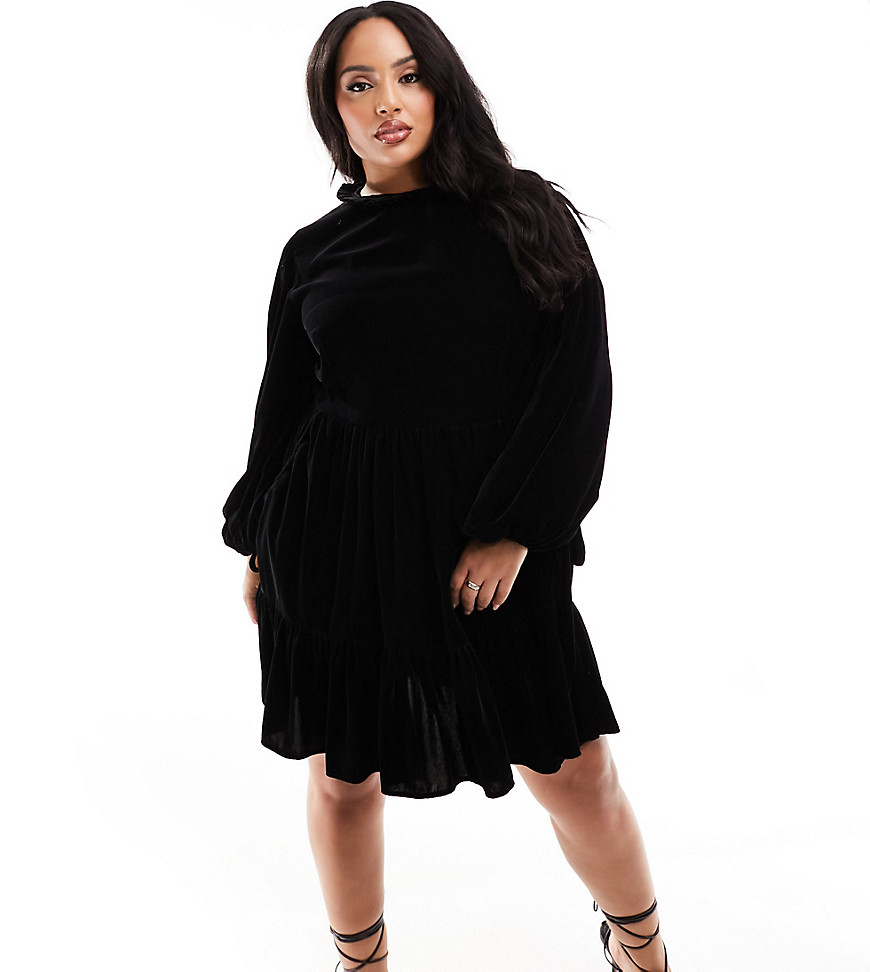ASOS DESIGN Curve premium velvet mini smock dress with pockets and pie crust neck in black