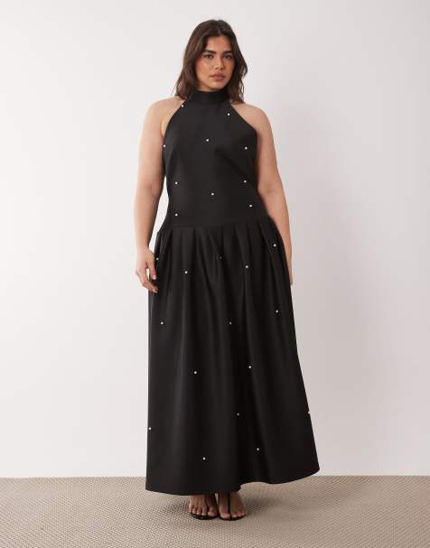 ASOS DESIGN Curve Premium - Vestito lungo in tessuto stile scuba nero decorato con perle e foulard - view 1