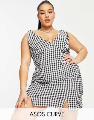 Asos Design Curve - Prendisole Corto Con Scollo A V Testurizzato A Quadretti Monocromatico-Multicolore