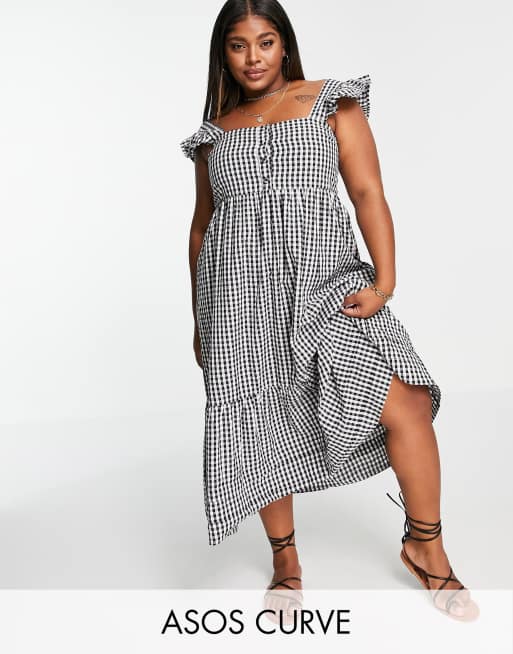 ASOS DESIGN Curve - Prendisole grembiule midi con scollo squadrato e volant in lino a quadretti bianchi e neri